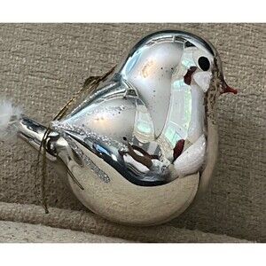 Vtg De Carlini Glass Christmas Ornament Silver Reflective Bird w/ Real Feather